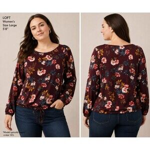 LOFT Burgundy Floral Long Sleeve Drawstring Hem Top Women's Large Fall 2019